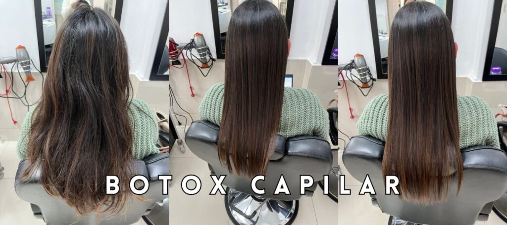 Proceso de Botox Capilar en Wapas Gcc - De natural a sofisticado Antes y después de tratamiento de botox capilar en salón de San Isidro, Lima, mostrando transformación de cabello ondulado a liso.