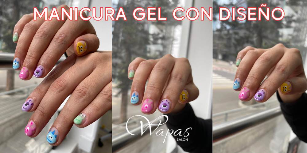 Manicura en gel con diseño de monstruos en Wapas Salón